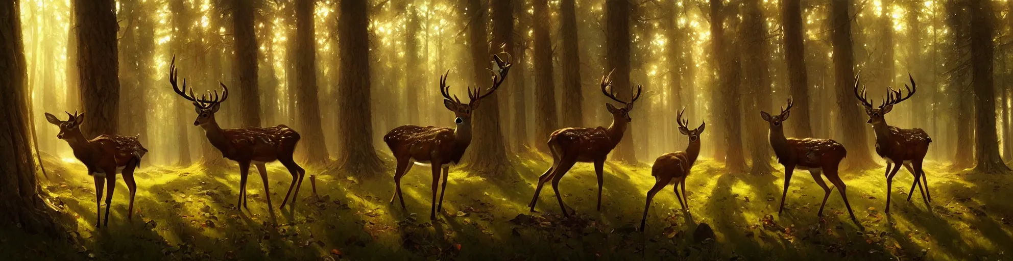 Image similar to Deer in Sherwood Forest, full frame, highly detailed, digital painting, artstation, concept art, smooth, sharp focus, illustration, art greg rutkowski and alphonse mucha