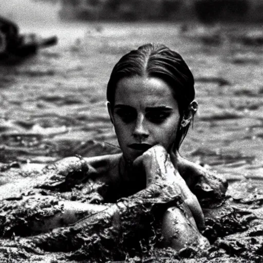 Image similar to film still, close up, emma watson rising out of muddy vietnam river, face covered in mud, low camera angle at water level, film still from apocalypse now ( 1 9 7 9 ), 2 6 mm,