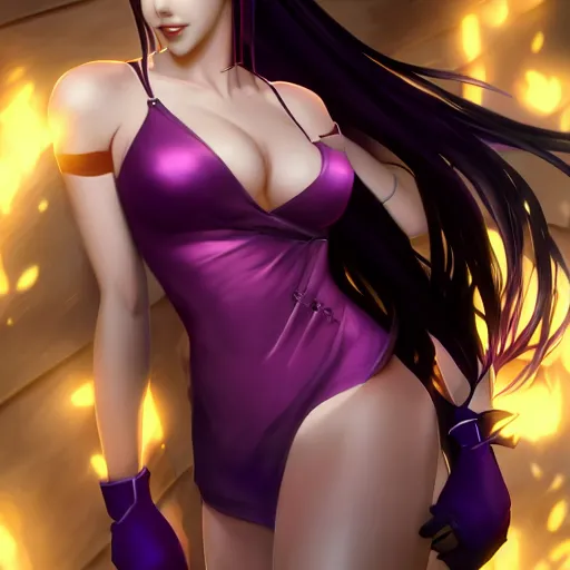 Image similar to purple dress of tifa lockhart by WLOP, rossdraws, Logan Cure, Mingchen Shen, BangkuART, sakimichan, yan gisuka, JeonSeok Lee, zeronis, Chengwei Pan on artstation