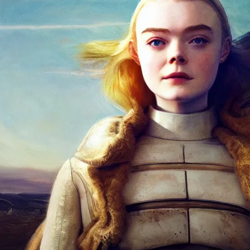 Image similar to Elle Fanning as an Android, head and shoulders masterpiece, oil on canvas, golden hour, in the world of Andrew Wyeth and Fallout 3, artstation, by J. C. Leyendecker and Peter Paul Rubens,