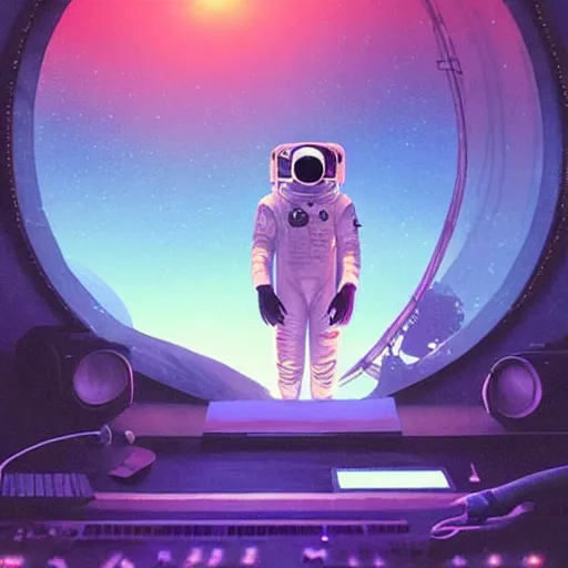 Image similar to an astronaut, recording in a music studio, [ floating ]!!, synthwave art style, illustrated by greg rutkowski and ashley mckenzie, trending on cgsociety, golden ratio!!!, centered!!!