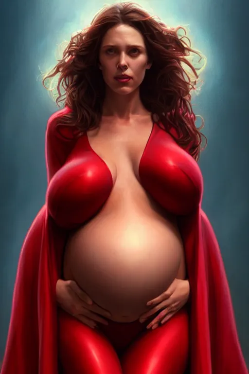 Image similar to pregnant scarlet witch in a red bikini, realistic portrait, symmetrical, highly detailed, digital painting, artstation, concept art, smooth, sharp focus, illustration, cinematic lighting, art by artgerm and greg rutkowski and alphonse mucha