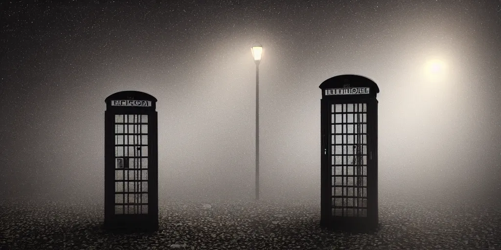 Image similar to a deserted telephone booth in the dark of the night, weird, haunted, misty, dark and evil, demonic, sinister, ambient lighting, 8 k render, hyper realistic, photo realistic, by wes anderson