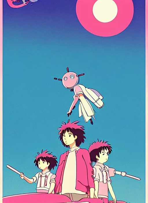 Prompt: a movie poster for a studio Ghibli film based on the song Yoshimi battles the pink robots, part 1. by the band the flaming lips; artwork by Hiyao Miyazaki and studio Ghibli