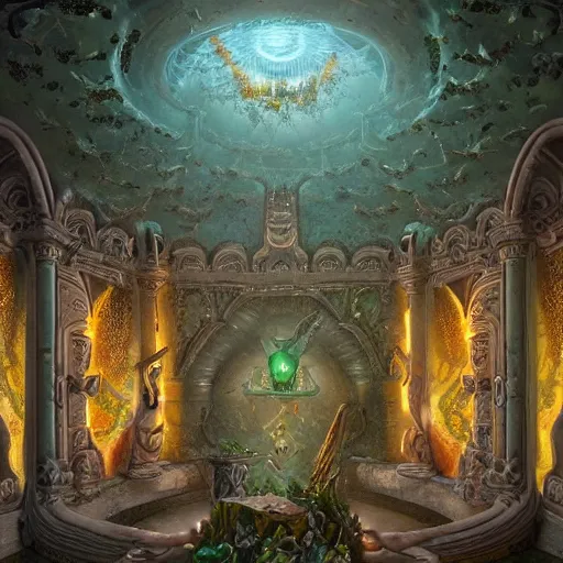 Image similar to a beautiful highly - detailed matte painting of the inside of a tall ancient emerald encrusted catacombs by peter mohrbacher and alex grey and james jean and lee madgwick and gregory crewdson, richly decorated emerald encrusted walls, lit by torches, highly - detailed interior, featured on artstation and conceptartworld, ultrawide angle