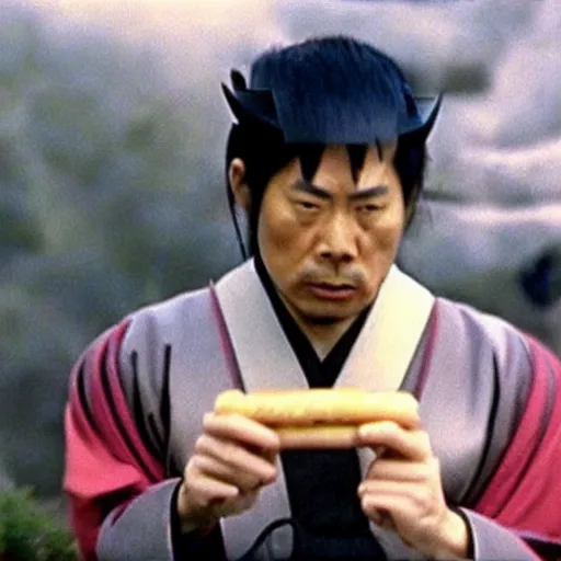 Image similar to a samurai eating a delicious hot dog, scene from Kagemusha, 1980, movie still, cinematic,
