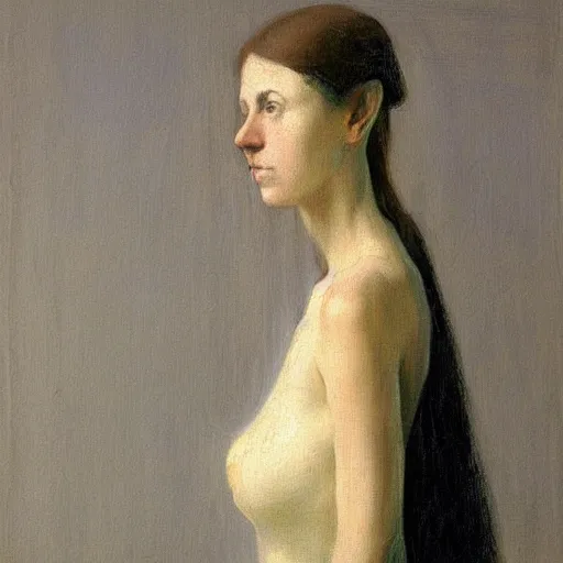 Image similar to standing skinny female artist in the style of realism, renaissance oil painting, tonalism, rococo, manga