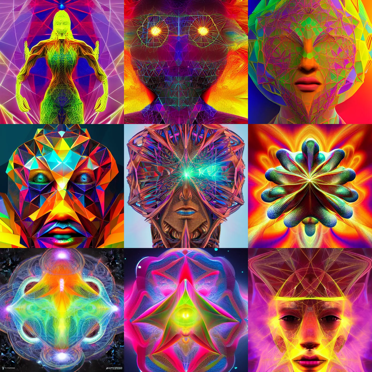 Prompt: a fourth dimensional beautiful being made from sacred geometry, colorful, award winning, trending on artstation, 8 k