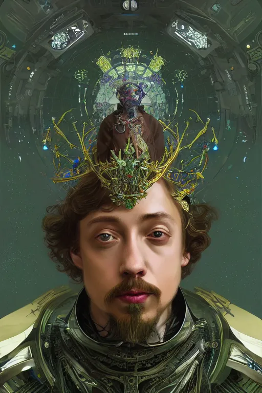 Image similar to portrait of Celestial Sam Hyde as a futuristic royal king, inside future fighter, sci-fi, fantasy, intricate, lush garden spaceship, elegant, human anatomy, royal green and nature light, highly detailed, digital painting, artstation, concept art, smooth, sharp focus, illustration, art by tian zi and WLOP and alphonse mucha