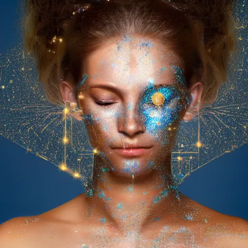 Prompt: portrait of a beautiful calm futuristic woman layered with high-tech jewelry wrapping around her face and head and shoulders, golden-silver light with tiny blue, gold, and red gems scattered like dust