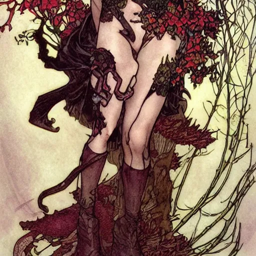 Prompt: a beautiful tarot card of poison ivy dressed as a teenage vampire, leather armored, dark eyeliner, intricate, elegant, highly detailed, digital painting, artstation, concept art, matte, sharp focus, illustration, art by rebecca guay and by arthur rackham and by alphonse mucha and by john william waterhouse