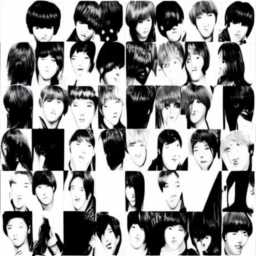 Prompt: kpop Beatles with hair covering eyes album cover black and white