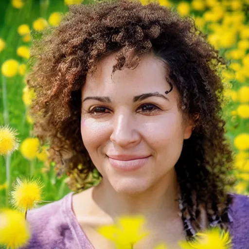 Image similar to a portrait of a beautiful 3 5 year old racially ambiguous woman, german, mexican, curly blond hair, standing in a field of soft focus dandelion flowers on a lovely spring day