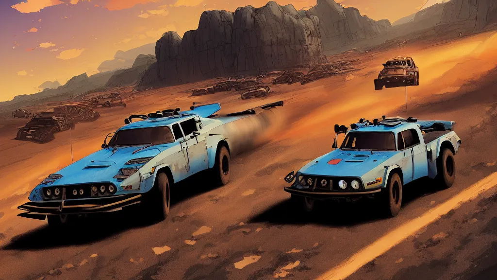 Image similar to digital illustration of mad max's fj 4 0 pursuit special, the last v 8 interceptor driving down a deserted valhalla highway in the middle of the day by studio ghibli, anime style year 2 0 9 3, by makoto shinkai, ilya kuvshinov, lois van baarle, rossdraws, basquiat