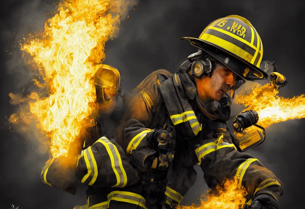 Image similar to one heroic firefighter in action in black and yellow uniform, fire flames, sharp details, highly detailed, beautiful cinematic light deep focus, elegant, digital painting, smooth, sharp focus, golden ratio, dramatic illumination, ultra realistic, 8 k, illustration, by yerbol bulentayev and murat gul and pablo olivera and greg rutkowski, bloom, dramatic lighting