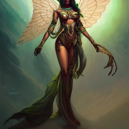 Image similar to beautiful sultry egyptian queen wearing white dove wings, warframe armor, regal, attractive, ornate, sultry, pretty face, green eyes is represented by peter mohrbacher, art nouveau, landscape, cinematic