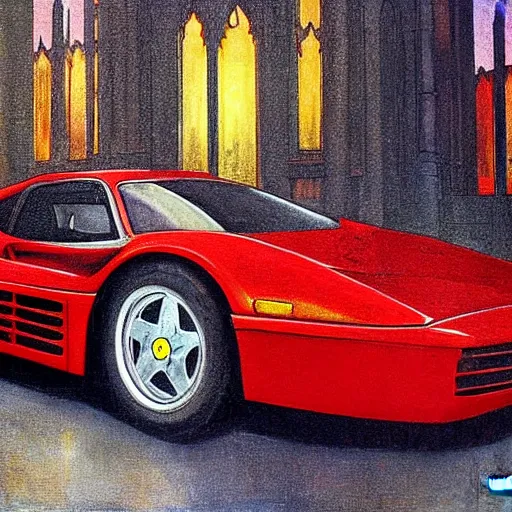 Prompt: a red ferrari testarossa in front of gothic architecture, gotham city by nc wyeth and daniel mumford