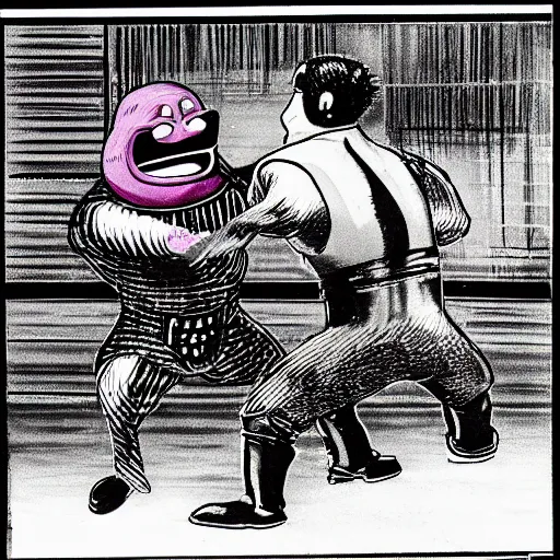 Prompt: B&W cctv footage of Grimace attacking Ronald