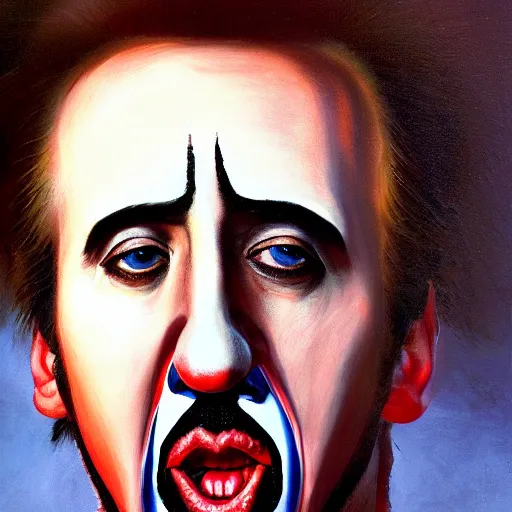 Prompt: detailing character concept portrait of Nicholas Cage acting as a clown by Caravaggio, on simple background, oil painting, middle close up composition, hyper realistic