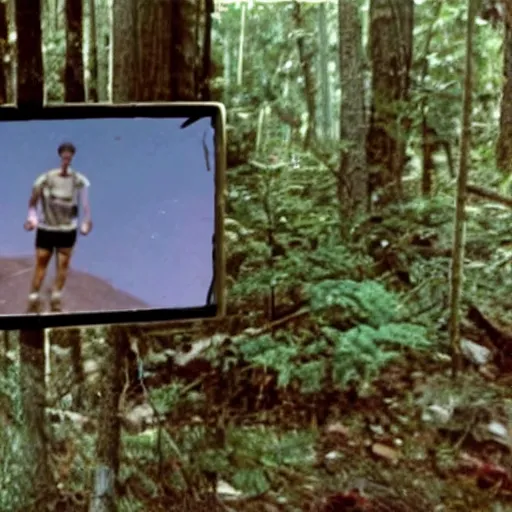 Prompt: A screen capture of found footage video left behind by a missing hiker in 1986.
