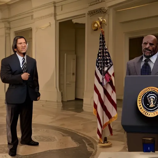 Prompt: president camacho from idiocracy standing at a podium at the whitehouse press room, portrait photography, 8 k, movie still