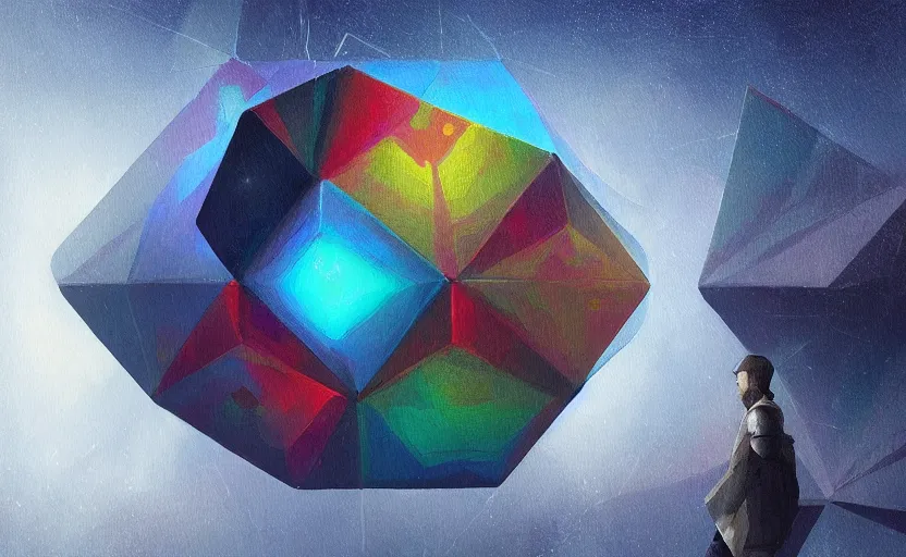 Image similar to a painting of a sierpinski icosahedron trending on artstation in the style of greg rutkowski, 3 d, fractal, 4 d, endless, rainbow, geometric tesseract, symmetry, wallpaper