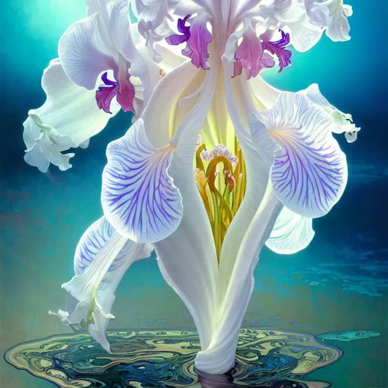 Image similar to detailed giant white holographic orchid iris hybrid flower surrounded by ocean waves, lsd water, lsd ripples, droplets, backlit, sunset, refracted lighting, art by collier, albert aublet, krenz cushart, artem demura, alphonse mucha