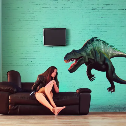 Image similar to photorealistic image of a t - rex laying on a couch and listening to music, shot in a professional studio