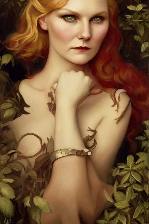 Prompt: Kirsten Dunst by Tom Bagshaw in the style of Gaston Bussière, art nouveau