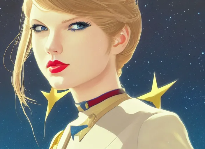 Image similar to a disney film still of taylor swift as a star trek officer, finely detailed features, closeup of the face, perfect art, dusk, blue hour, gapmoe yandere grimdark, trending on pixiv fanbox, painted by greg rutkowski, makoto shinkai, takashi takeuchi, alphonse mucha, akihiko yoshida