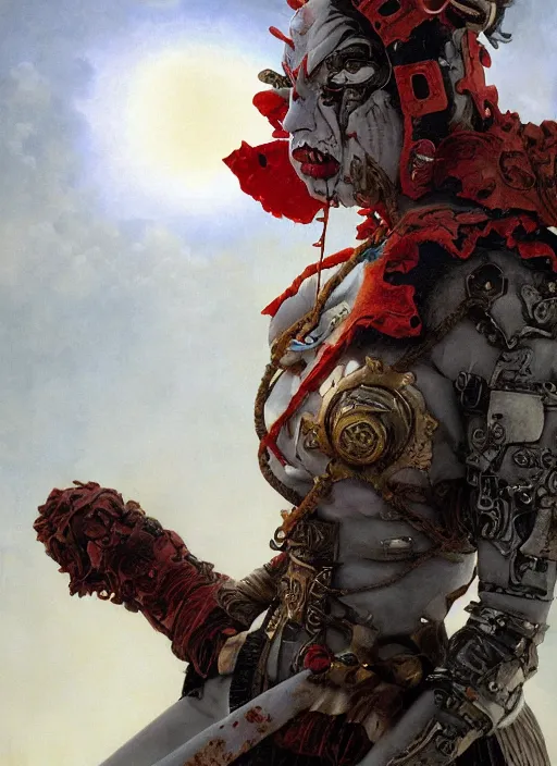 Prompt: portrait of a diabolical cyborg clown samurai shaolin girl, torn cape, adaptive armor, dynamic pose, heavy eyes to the side, ancient ruins, glowing veins subsurface scattering, in clouds, sunset, portrait, by gerald brom, by mikhail vrubel, by peter elson, muted colors, extreme detail, reflections, trending on artstation, 8 k