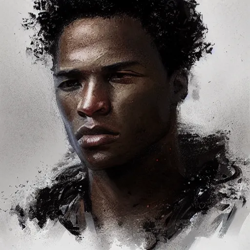 Prompt: Portrait of a man by Greg Rutkowski, he is about 20 years old, black, attractive, military composure, short black curly hair, american, trustworthy look, he is wearing futuristic military fatigues, highly detailed portrait, digital painting, artstation, concept art, smooth, sharp foccus ilustration, Artstation HQ.