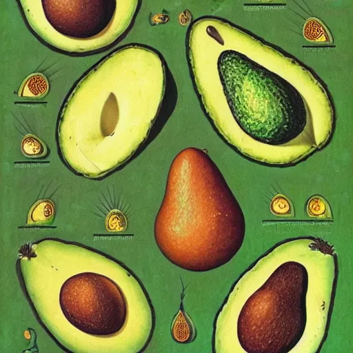 Image similar to a page from codex seraphinianus about a diagram of merging of emma watson with avocado