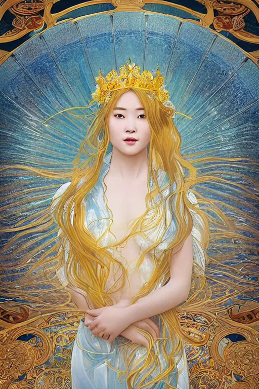 Image similar to a beautiful young woman, Queen of the Sea Mu Yanling, long flowing white hair, blue and yellow robe that resembles floating wings, water flowing and floating around, young female face, liquid magic, cinematic top lighting, insanely detailed and intricate, face by Artgerm, design by Alphonse Mucha, Kuvshinov Ilya, Irakli Nadar, render by krenz cushart, golden ratio, symmetrical proportions, elegant, ornate, luxury, elite, matte painting, MTG, magic the gathering, trending on artstation, cinematic, cgsociety, 8k, high resolution,