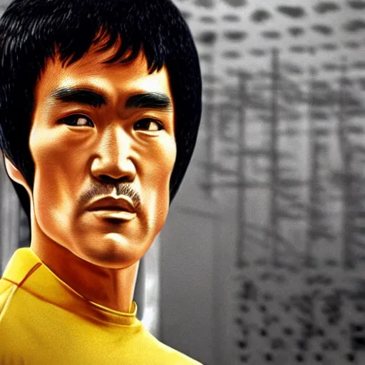 Image similar to 8 k realistic portrait photograph of bruce lee standing inside of a detailed and busy wafflehouse