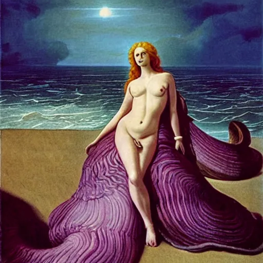 Image similar to The print depicts the moment when the goddess Venus is born from the sea. She is shown standing on a giant clam shell, with her long, flowing hair blowing in the wind. The print is full of light and color, and Venus looks like she is about to step into a beautiful, bright future. renaissance painting by Wayne Barlowe gloomy