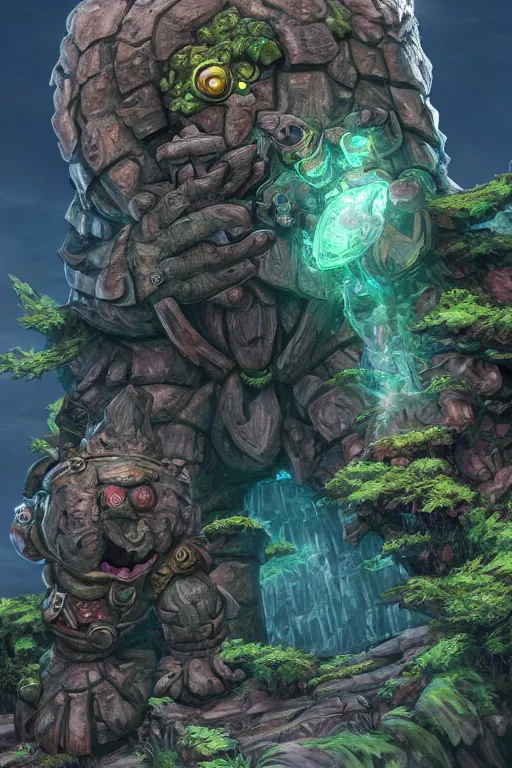 Image similar to zelda fantasy art giant golem troll wood rock greeble gemstone, global illumination ray tracing hdr fanart arstation by sung choi and eric pfeiffer and gabriel garza and casper konefal