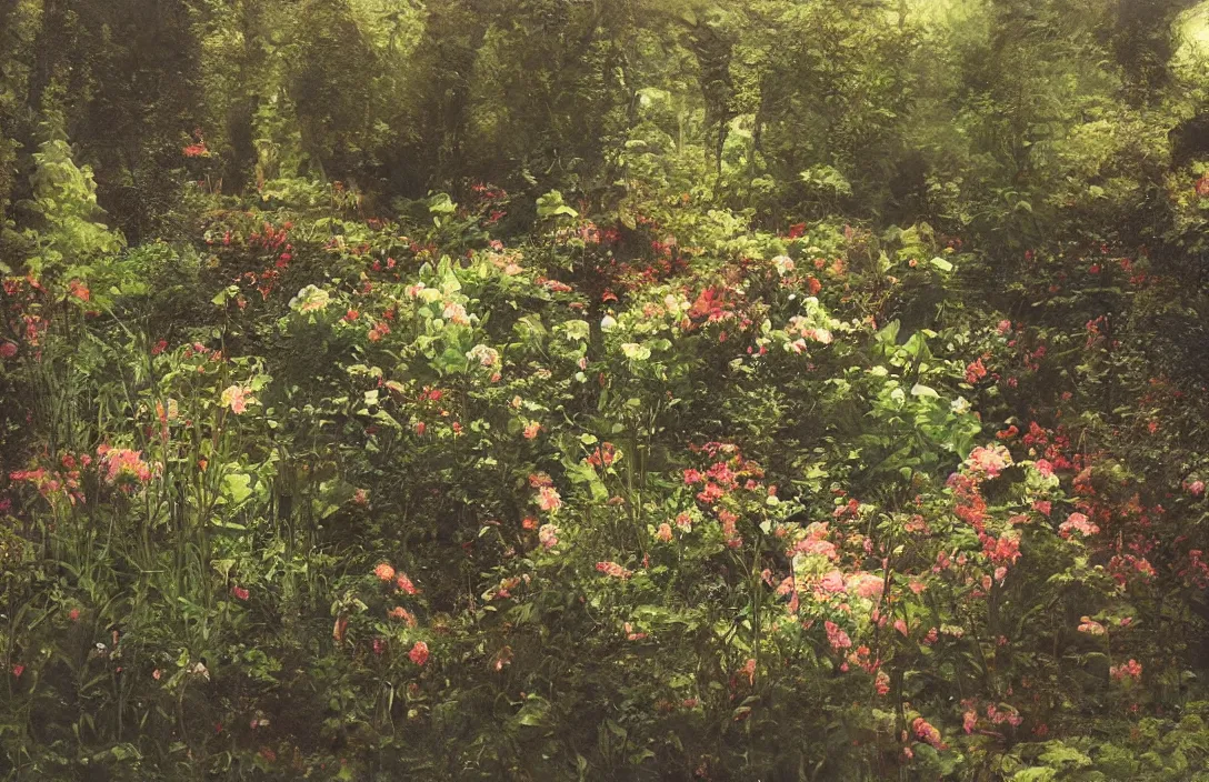 Prompt: garden idyll intact flawless ambrotype from 4 k criterion collection remastered cinematography gory horror film, ominous lighting, evil theme wow photo realistic postprocessing art by tim blandin painting by claude gellee gouache pieter s aenredam