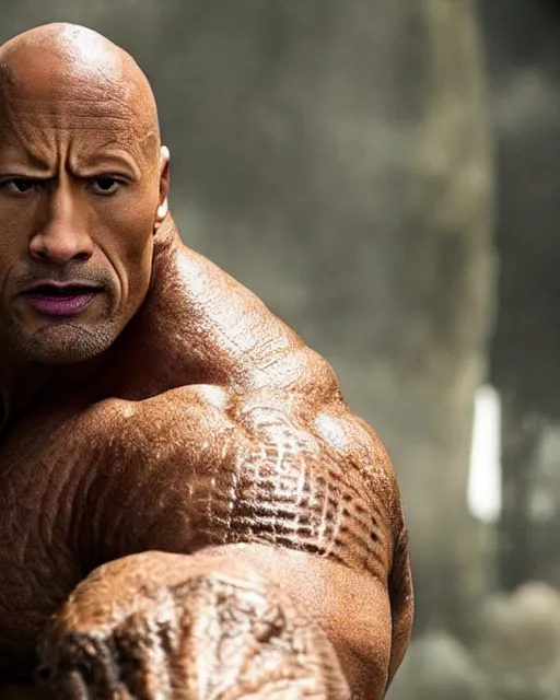 Image similar to dwayne johnson as ben grimm in the new fantastic four movie. dwayne is wearing an elaborate ben grimm style rock monster suit designed by rick baker. dwayne is wearing the fantastic four costume