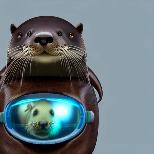 Image similar to a realistic portrait of an otter wearing a space helmet with space and nebula background, trending on artstation, ultra detail, photorealistic, fine detail, cgi, zbrush, global illumination, studio lighting