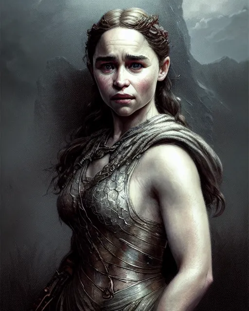 Image similar to emilia clarke, character portrait, portrait, close up, concept art, intricate details, highly detailed by greg rutkowski, michael whelan and gustave dore