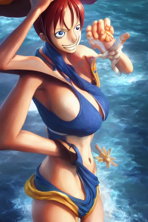 Image similar to Nami from One Piece, anatomy, only two hands, highly detailed, digital painting, artstation, concept art, smooth, sharp focus, illustration, Unreal Engine 5, 8K, art by art by artgerm and greg rutkowski and edgar maxence