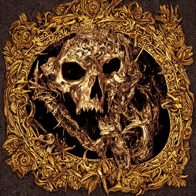 Image similar to photo portrait portrait of skull of wolf, lying on bones, dramatic lighting, golden ornaments, symmetric, intricate skeletal decorations, symmetry, highly detailed, concept art, black, red, white, gold layers, super moon, style of nekroxiii, hyperrealistic, dark background, smoke