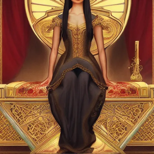 Prompt: a young asian woman with shoulder length hair and strong facial bone structure, queen and ruler of the universe, sitting on her throne, young handsome caucasian men kneeling at her feet, digital painting, highly detailed, intricate, elegant, trending on artstation, art by greg rutkwowski, artgerm, wlop, alphonse mucha