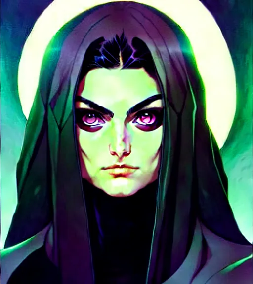 Image similar to artgerm, joshua middleton comic cover art, pretty friendly sweet kind phoebe tonkin eye of horus painted under one of her eyes, young, attractive, slim, she has very pale skin long black hair, she prefers to dress casually and she wears black clothing