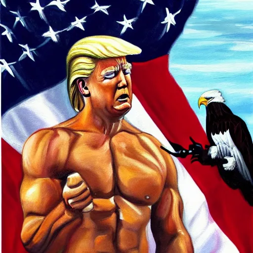 Prompt: a painting of a shirtless, muscular, donald trump holding a pistol in each hand, as a bald eagle flies over holding an american flag.