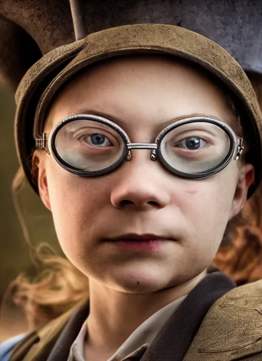 Image similar to closeup portrait of a steampunk greta thunberg wearing a top hat and goggles, depth of field, zeiss lens, detailed, symmetrical, centered, fashion photoshoot, by Annie Leibovitz and Steve McCurry, David Lazar, Jimmy Nelsson, Breathtaking, 8k resolution, extremely detailed, beautiful, establishing shot, artistic, hyperrealistic, beautiful face, octane render