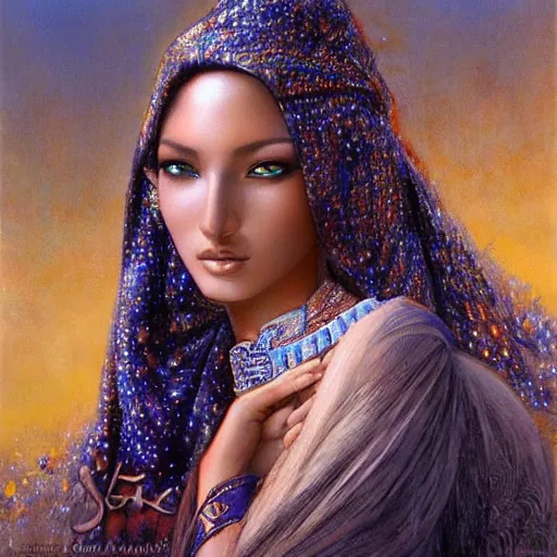 Image similar to a beautiful touareg algerian woman by karol bak, ayami kojima, artgerm, sakimichan, arabian beauty, blue eyes, smile, concept art, fantasy