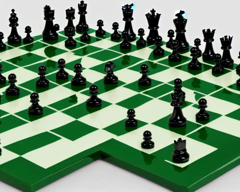 Image similar to a modern, ornate chess set on a green background. pop art, detailed, proportional, romantic, enchanting