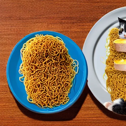 Prompt: obese cat sitting in behind a plate of indomie mi goreng noodles on toast, traditional artstyle